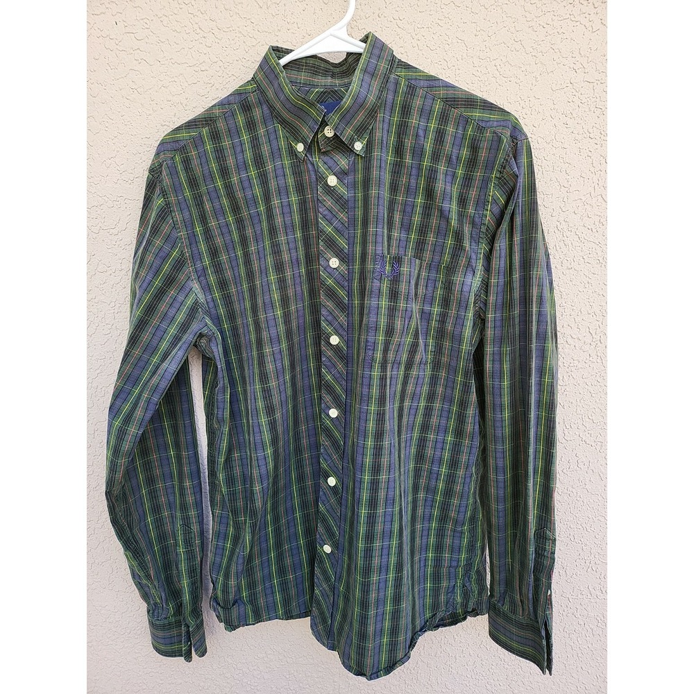Fred Perry Men's Green Stripped Plaid Button Down Long Sleeve Sz M